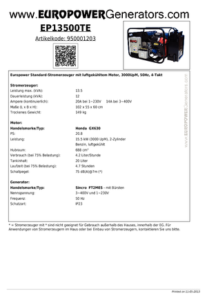 Бензинови генератори Europower EP13500TE (S)