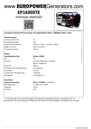 Бензинови генератори Europower EP16000TE (S)