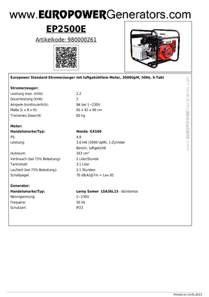 Бензинови генератори Europower EP 2500 E (LS)