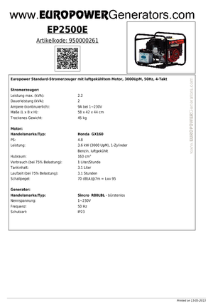 Бензинови генератори Europower EP2500E (S)