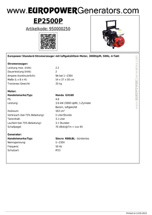 Бензинови генератори Europower EP2500P (S)