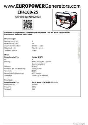 Бензинови генератори Europower EP 4100/25 (LS)