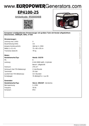Бензинови генератори Europower EP4100-25 (S)