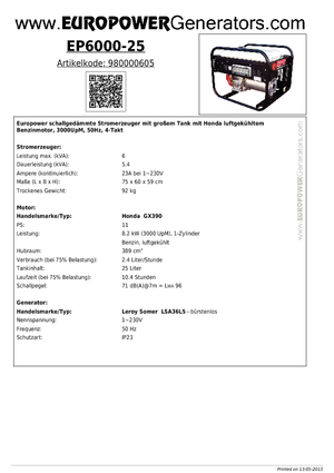 Бензинови генератори Europower EP 6000/25 (LS)
