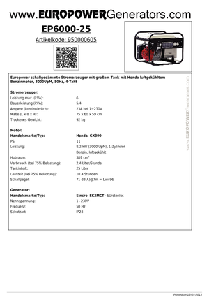 Бензинови генератори Europower EP6000-25 (S)
