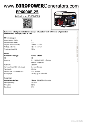Бензинови генератори Europower EP6000E-25 (S)