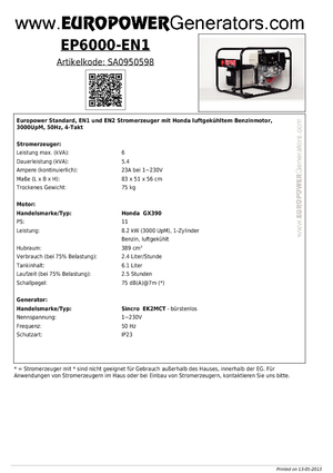 Бензинови генератори Europower EP6000 EN1 (S)