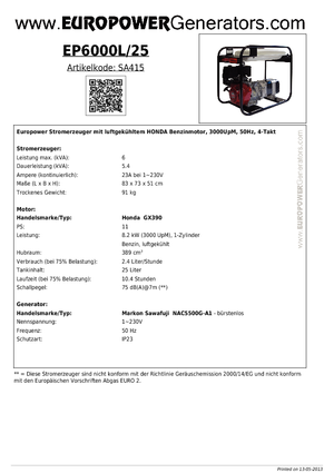 Бензинови генератори Europower EP 6000 L / 25