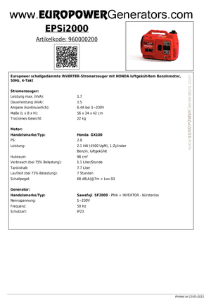 Бензинови генератори Europower EPSi2000 (Sa)