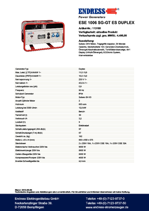 Бензинови генератори Endress ESE 1006 SG-GT ES Duplex