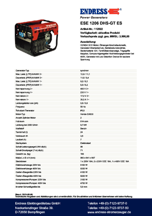 Бензинови генератори Endress ESE 1206 DHS-GT ES