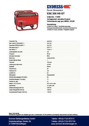 Бензинови генератори Endress ESE 206 HS-GT