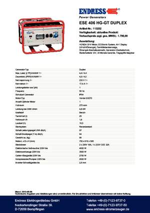 Бензинови генератори Endress ESE 406 HG-GT Duplex