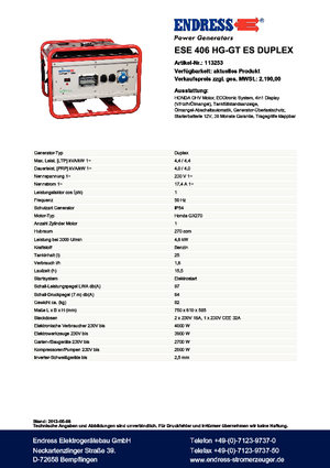 Бензинови генератори Endress ESE 406 HG-GT ES Duplex