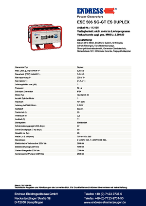 Бензинови генератори Endress ESE 506 SG-GT ES Duplex