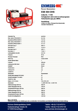 Бензинови генератори Endress ESE 604 DHS