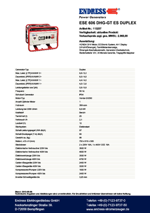 Бензинови генератори Endress ESE 606 DHG-GT ES Duplex