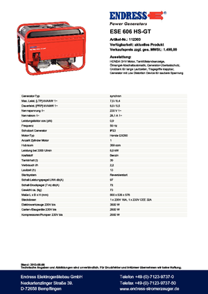 Бензинови генератори Endress ESE 606 HS-GT