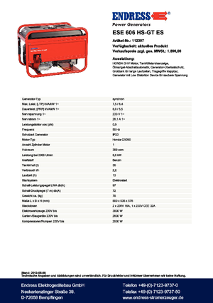 Бензинови генератори Endress ESE 606 HS-GT ES