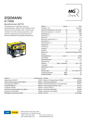 Бензинови генератори Eisemann H 7400