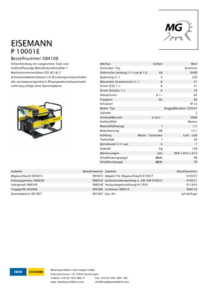 Бензинови генератори Eisemann P 10001 E