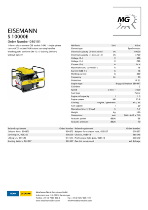 Бензинови генератори Eisemann S 10000 E