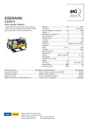 Бензинови генератори Eisemann S 6401 E