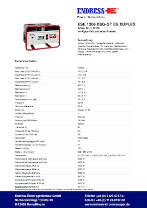 Бензинови генератори Endress ESE 1306 DSG-GT ES Duplex