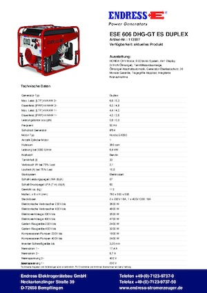 Бензинови генератори Endress ESE 606 DHG-GT ES Duplex