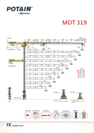 Кулокран - тролейна стрела - горно въртене Potain MDT 319 A