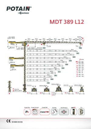Кулокран - тролейна стрела - горно въртене Potain MDT 389 L12