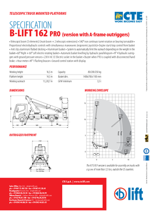 Телескопични вишки, монтирани на камион CTE B-Lift 162 Pro-A
