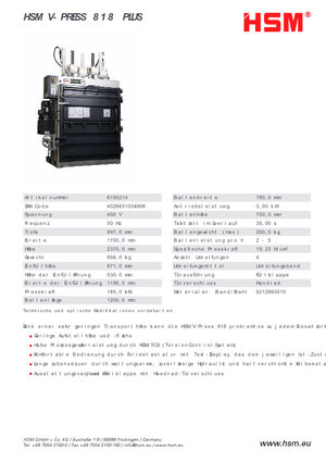 Преси за отпадъци HSM V-Press 818 plus